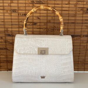Elaine Turner Croc-Embossed Leather Handbag with Bamboo Top Handle, White